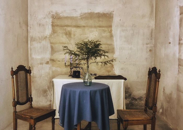 Elegant dining room with minimalist design and natural materials